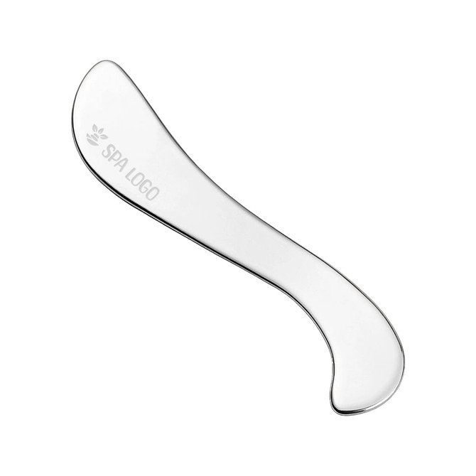 A clear, curved facial Gua Sha massage tool with a smooth surface, featuring a logo.