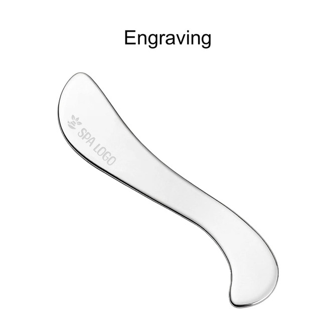A transparent facial Gua Sha massage tool with a curved design, featuring a logo engraving on one side.