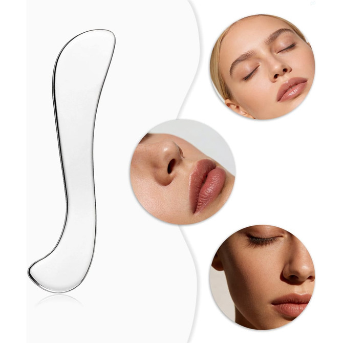 A Facial Gua Sha massage tool in a sleek, clear design, surrounded by close-up images of serene faces.