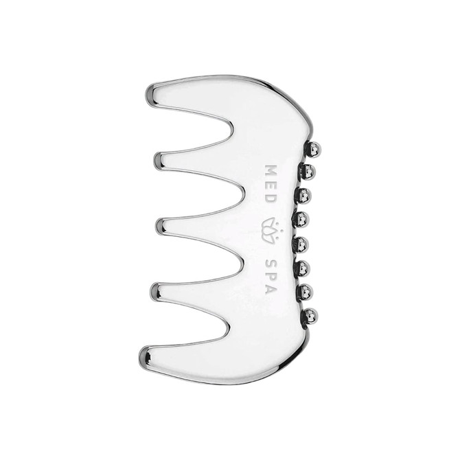 A metallic 2 in 1 scraping board with multiple rounded prongs, designed for health and beauty use.