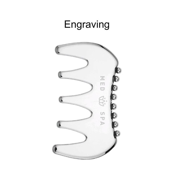 A 2 in 1 scraping board in shiny silver with a curved design and small balls along the edge. Features a logo.