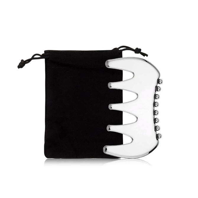 A silver 2 in 1 scraping board next to a black pouch for storage. The board has a smooth, curved design.