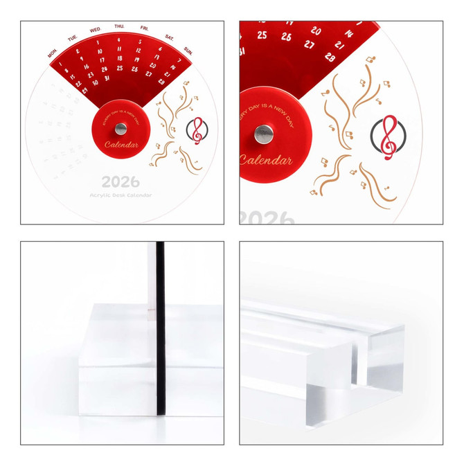 An acrylic desk calendar featuring a red and white design with musical motifs and a sleek, clear base.