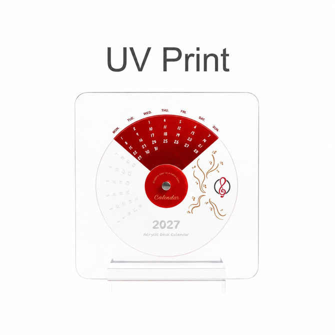 Acrylic desk calendar featuring a circular design with red and white colours, displaying days of the week and a decorative motif.