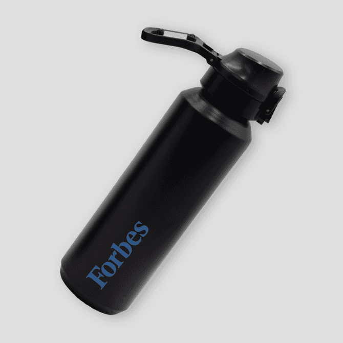 A drink bottle in matte black featuring a logo, with a flip-top cap and a carrying handle.