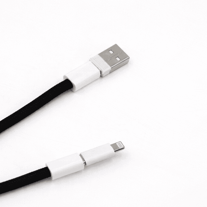 A black charging lanyard with white connectors at both ends, featuring a USB and a Lightning connector.