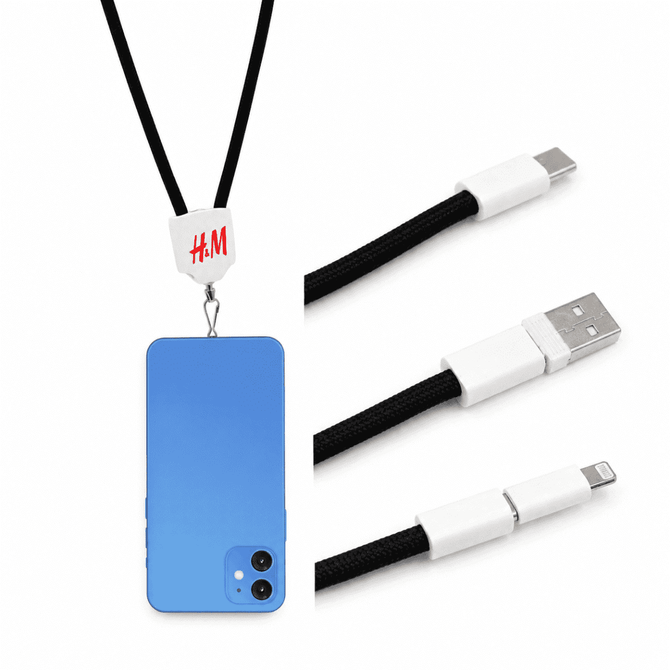A charging lanyard with a black strap, featuring a white connector and a blue phone attached.