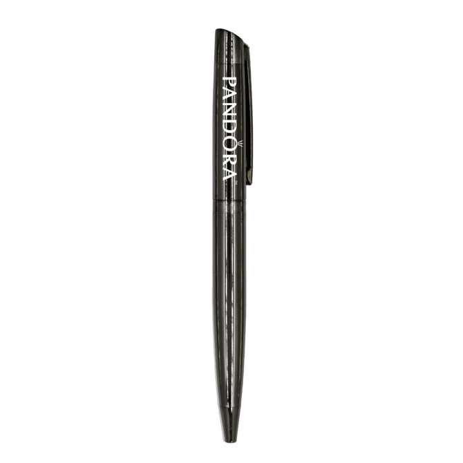 A metallic black ballpoint pen with a clip and a logo, featuring a sleek and elegant design.
