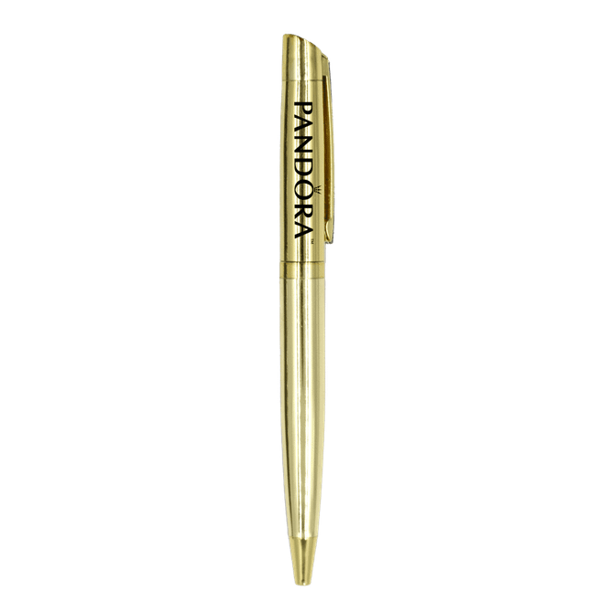 A gold metal ball pen with a clip and a logo on the body.