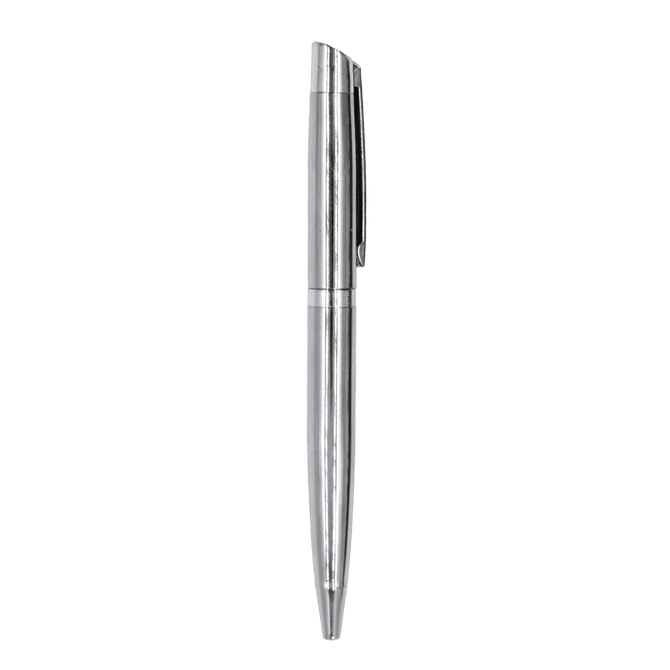 A silver metal ball pen with a sleek design and a clip for securing. It features a logo on the body.