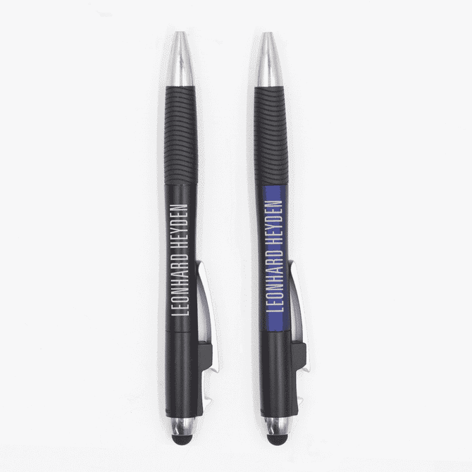 A pair of black pens with silver accents and branding, featuring rubber grips and stylus ends.