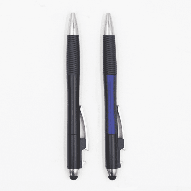 Two retractable pens in black and blue with silver accents and textured grip, featuring a logo.