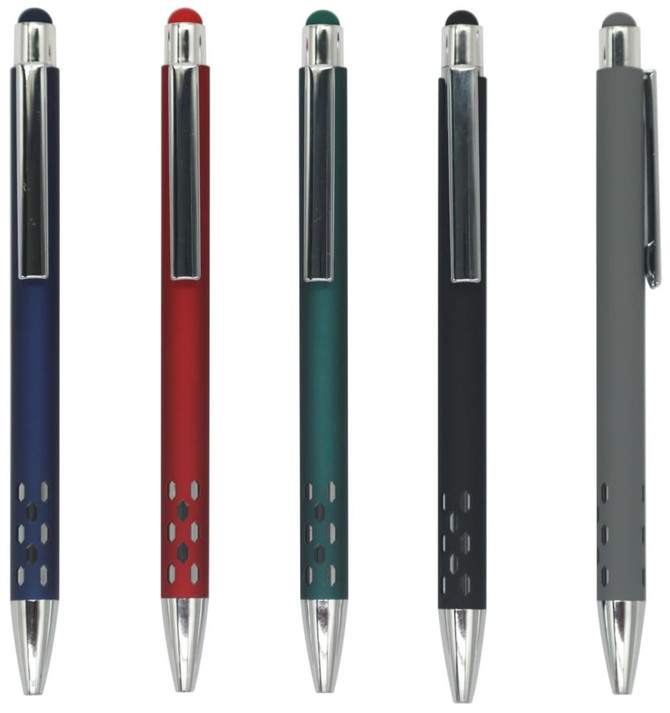 A collection of Gatling aluminium pens in blue, red, green, black, and grey, featuring a silver clip and accents.