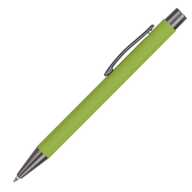A green aluminum pen with a silver clip and a sleek, smooth design.