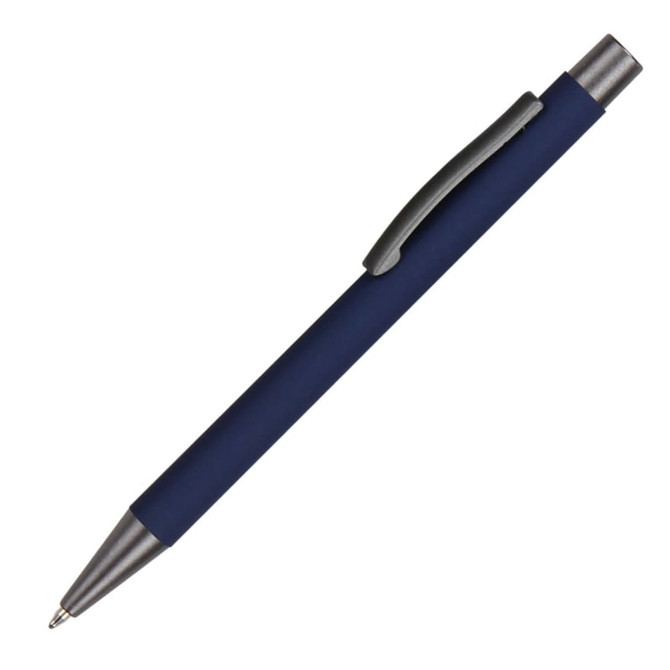 A navy blue aluminum pen with a silver clip, featuring a sleek, minimalist design. It has a logo on the body.