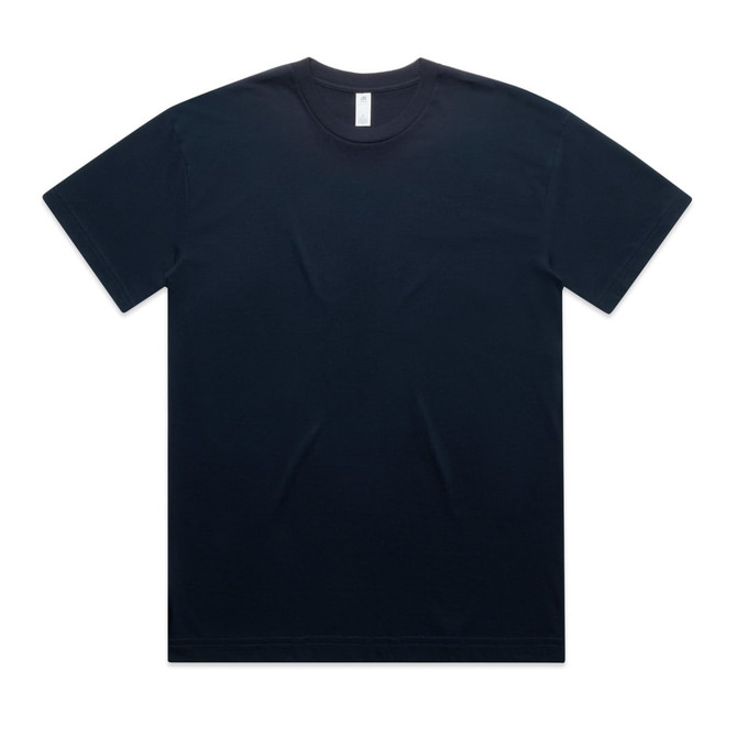 An oversized tee in navy blue, featuring a simple design with a neckline and short sleeves. It has a logo on the label.