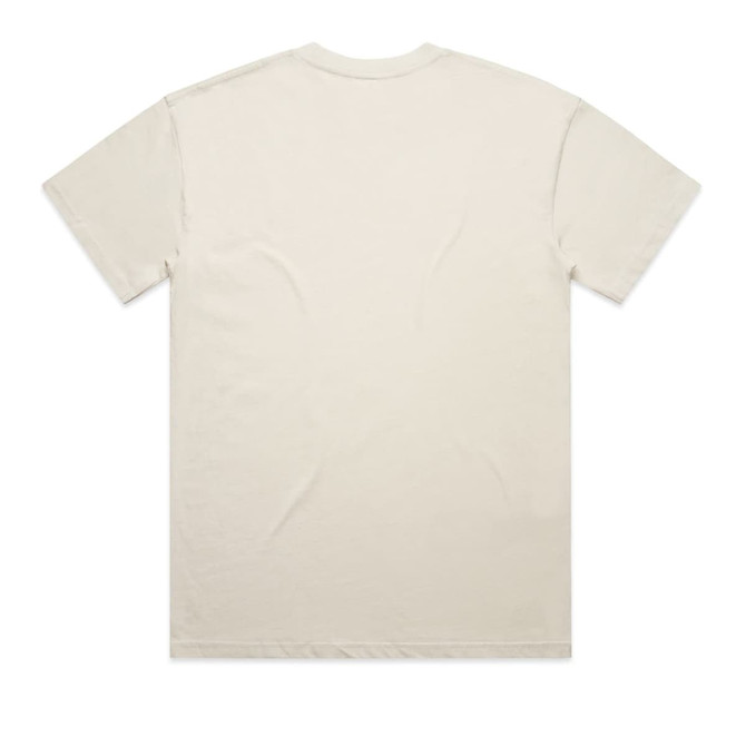 A beige oversized tee with a plain back and a branding logo at the neck.