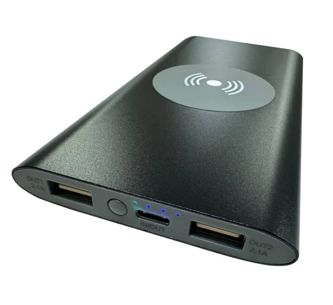 A black power bank featuring two USB ports and wireless charging capability. It includes a branding logo.
