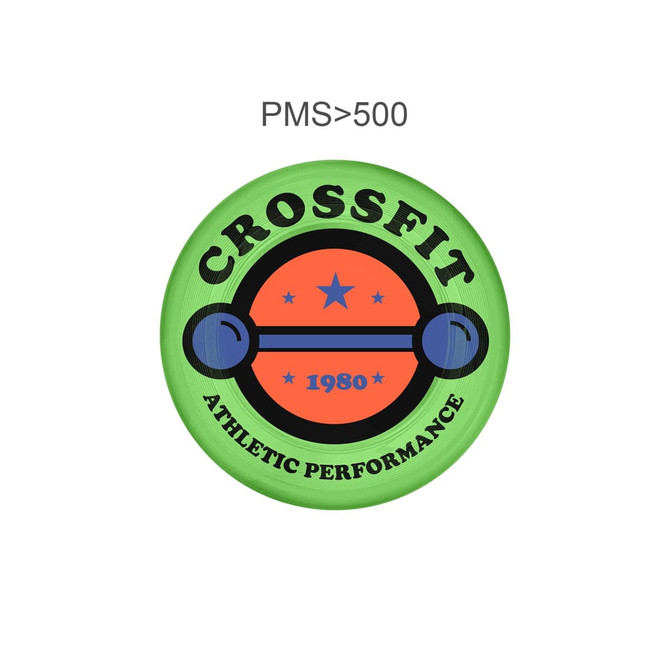 A green frisbee with a circular design featuring an orange barbell, stars, and the word "CrossFit".