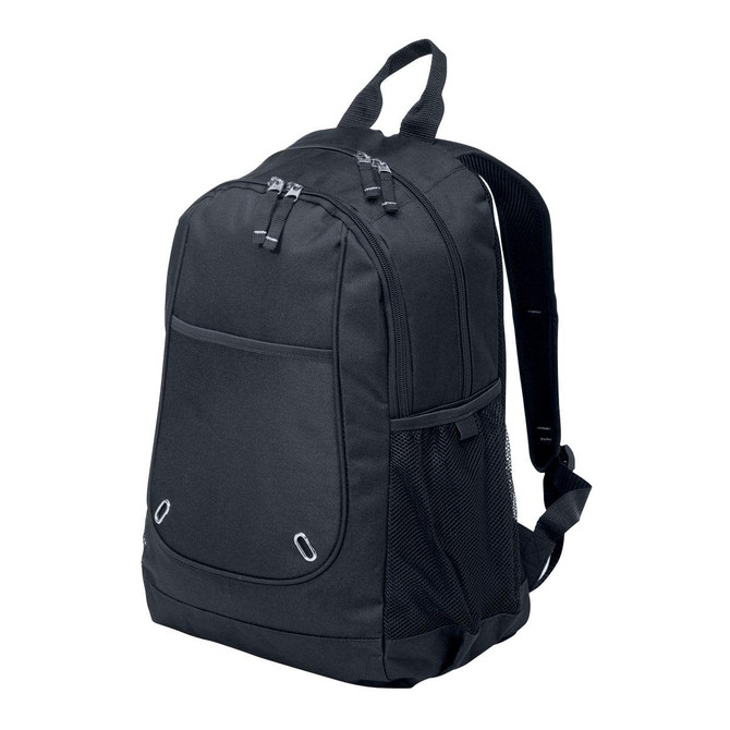A black backpack with a mesh side pocket, two zippered compartments, and padded straps for comfort.