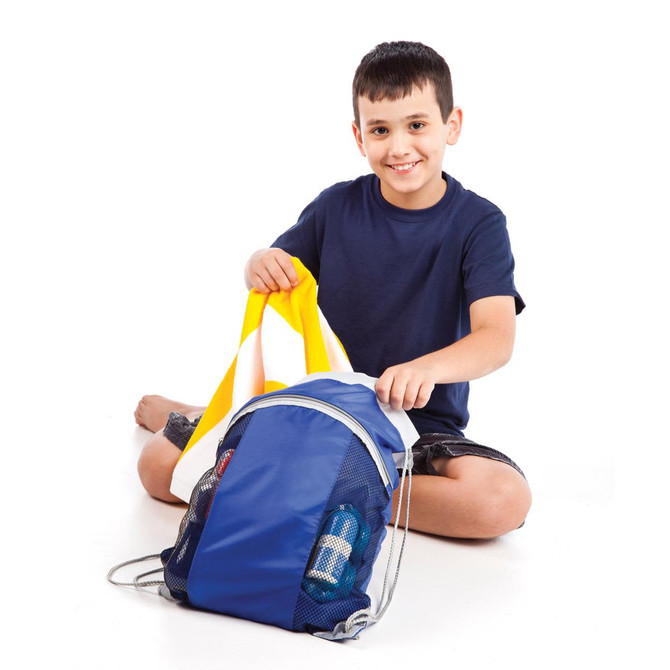 A drawstring bag in blue and yellow, held by a boy, with items visible inside. The bag features a logo.