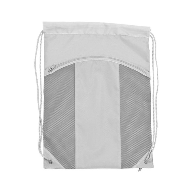 A light grey drawstring bag with a mesh pocket and a zippered compartment, featuring cords for closure.