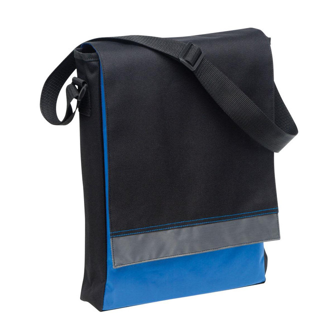 A black and blue satchel with an adjustable strap and a front flap, featuring a logo on the surface.
