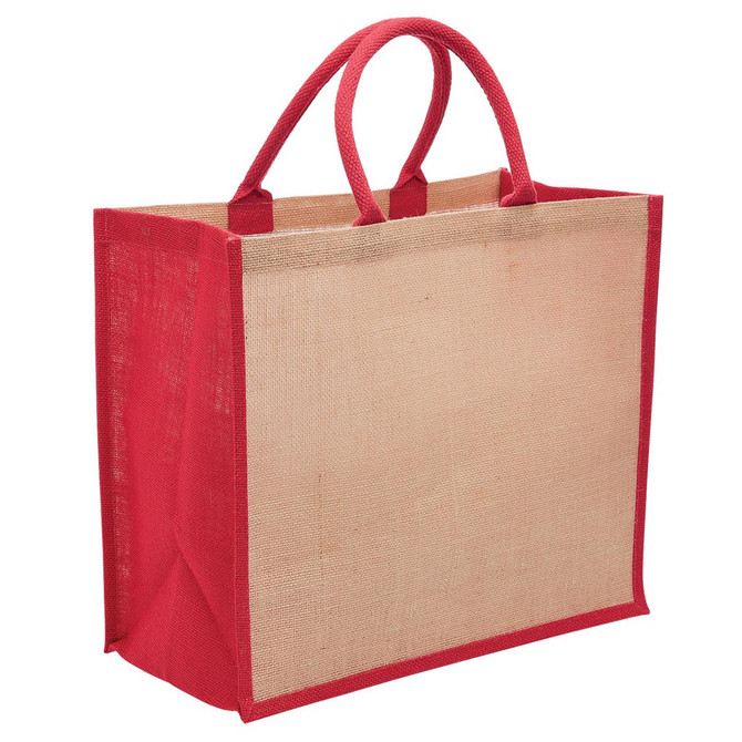 A jute tote bag with a wide gusset, featuring red handles and trim, and a natural-coloured body.