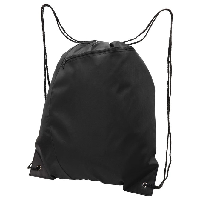 A black drawstring bag with a zippered pocket and two adjustable cord straps. It features a logo.