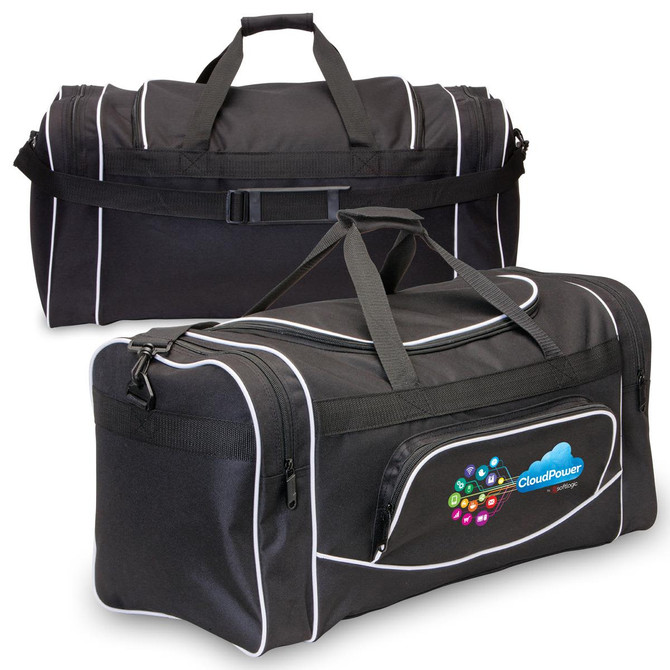 A black duffle bag with white piping and a logo on the side. Features dual handles and a detachable shoulder strap.