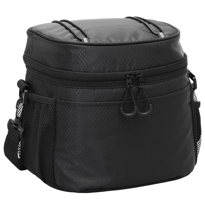 A black cooler bag with a zippered top, mesh side pockets, and an adjustable strap. It features a branding logo.