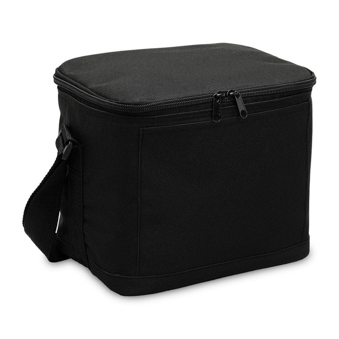 A black cooler bag with a zippered top and a shoulder strap, featuring a simple design and a small logo.