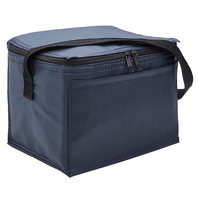 A navy blue cooler bag with a zippered closure and a carrying handle. It has a flat side pocket and a simple design.