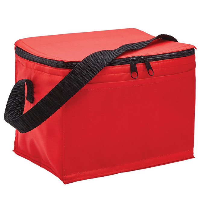 A red cooler bag with a zip closure and a black adjustable shoulder strap. It features a simple design and has a logo.