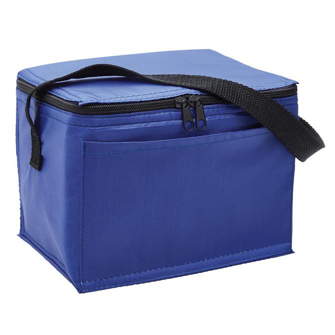 A blue cooler bag with a zippered closure and a black shoulder strap. It features a side pocket and a logo.