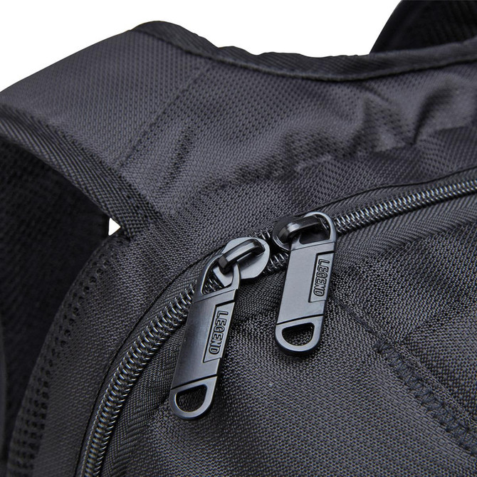 A black laptop backpack featuring durable zippers and padded straps for comfort. It includes a logo on the material.