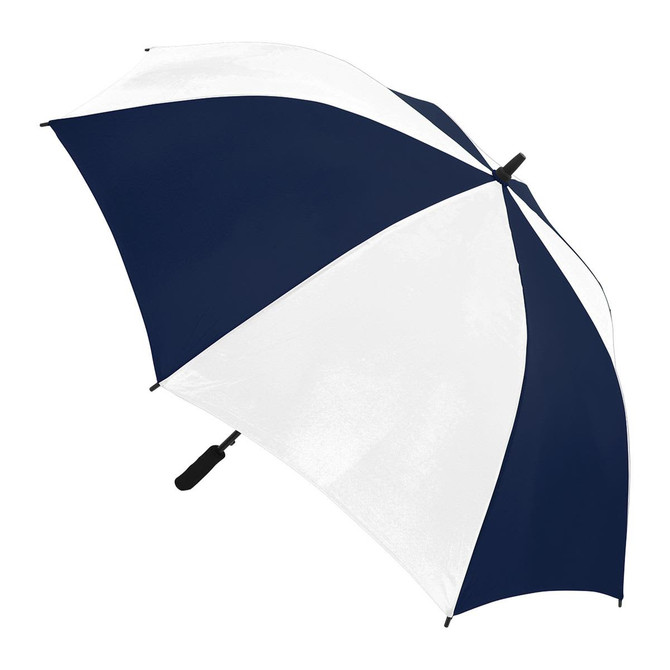 A navy blue and white striped umbrella with a black handle and a branding logo.
