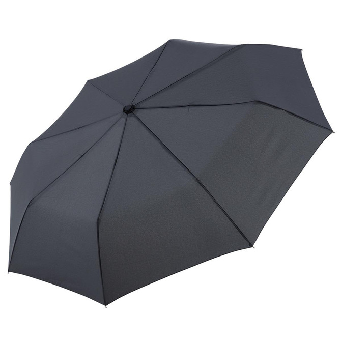 A compact umbrella in dark grey with a sleek design, featuring a central button for opening and closing.