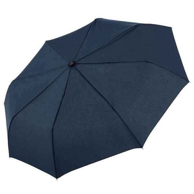 A navy compact umbrella with eight panels and a central opening mechanism. It features a branding logo.