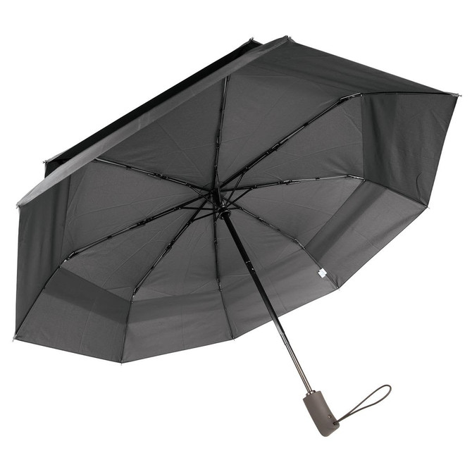 A compact black umbrella with a sturdy handle and a folding design, featuring a metal frame and canopy.
