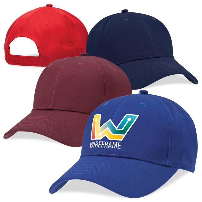 A selection of four caps in red, navy, burgundy, and blue, featuring one cap with a logo.