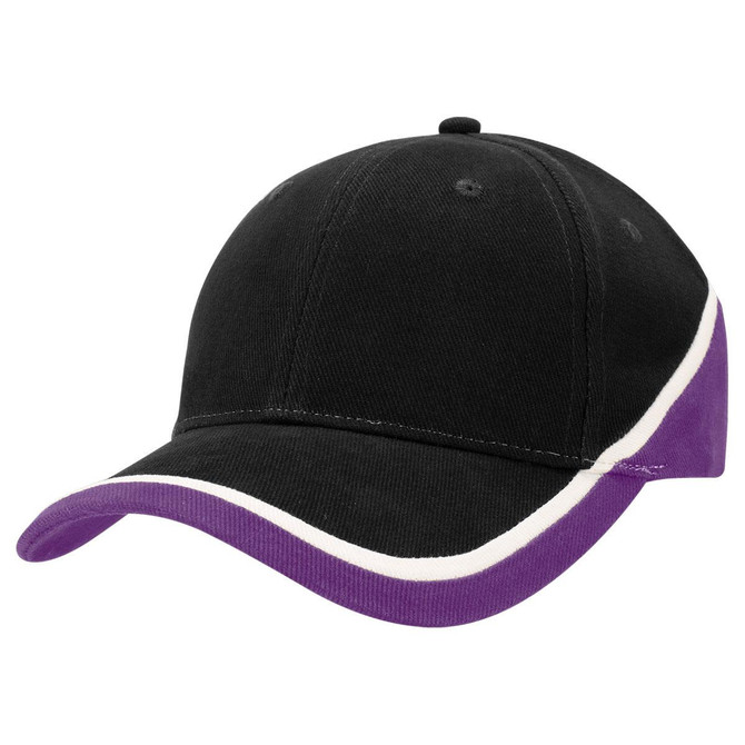 A cap in black with a purple peak and trim, featuring a stitched design and a logo.