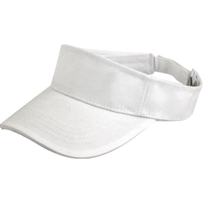 A white visor featuring a curved brim and an adjustable strap, also displaying a logo.