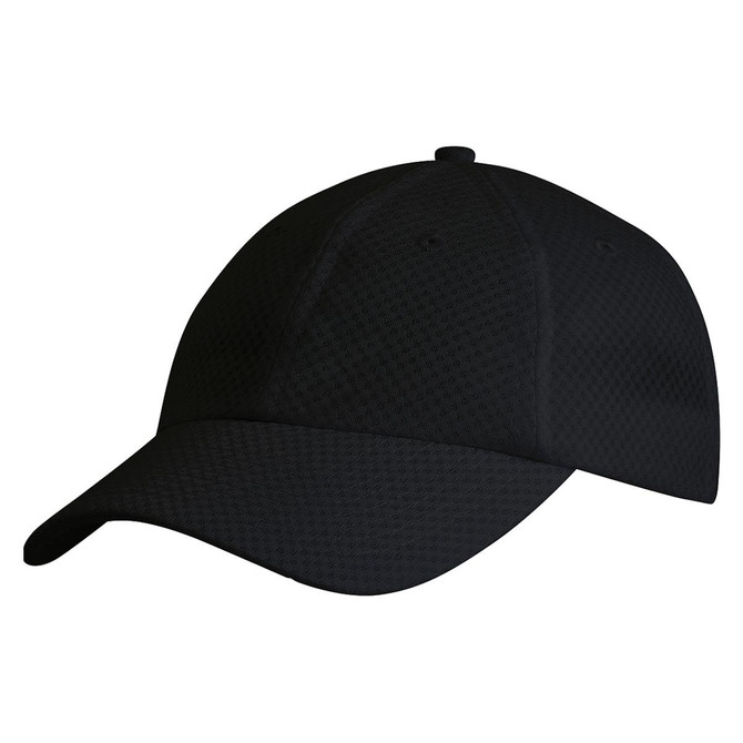 A black cap with a textured mesh design and a curved brim, featuring a logo on the front.