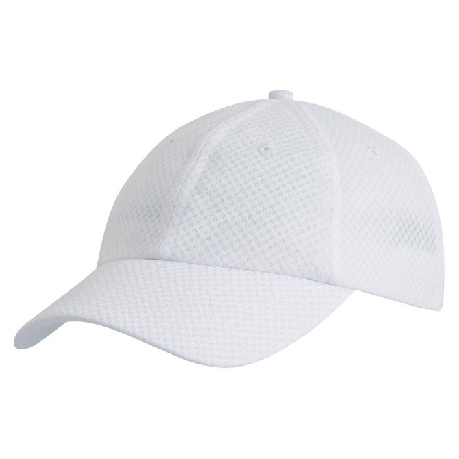 A white cap with a textured mesh design and a curved brim, featuring a logo on the front.