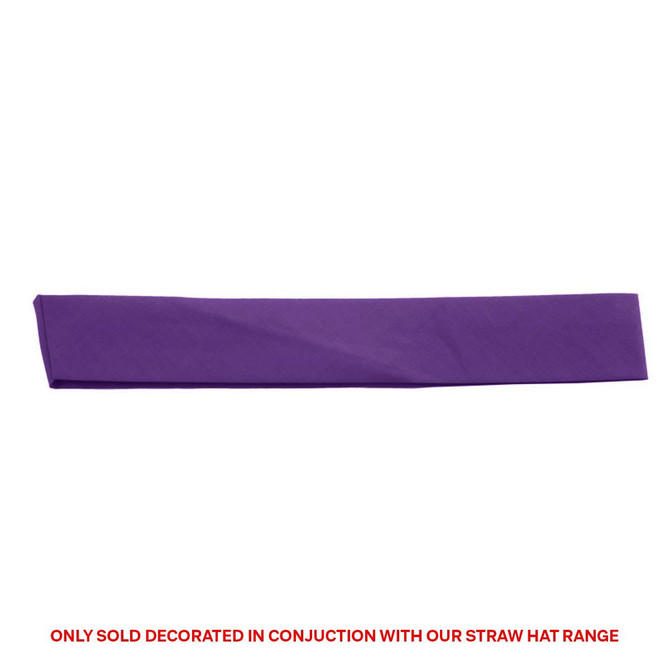 A purple Cotton Hatband, designed as a decorative accessory for straw hats. Features a branding logo.