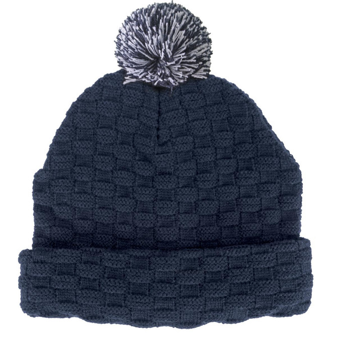 A dark navy beanie with a textured pattern and a grey pom pom on top, featuring a logo.