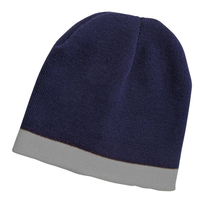 A navy blue beanie with a grey border at the bottom, featuring a logo.