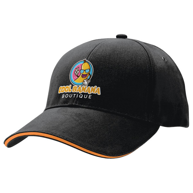 A black cap with a colourful logo featuring a character wearing sunglasses and an orange trim on the brim.