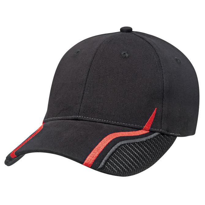 A black cap with red accents and a mesh back, featuring a logo on the front.
